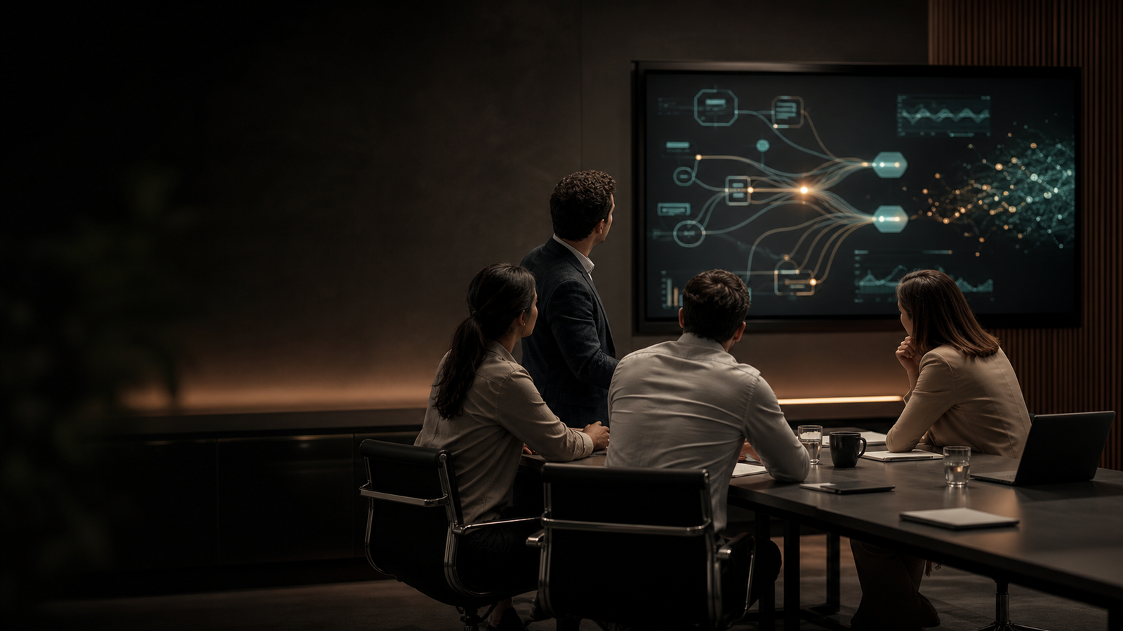 Equipe reunida analisa prioridades de uma iniciativa de inteligência artificial