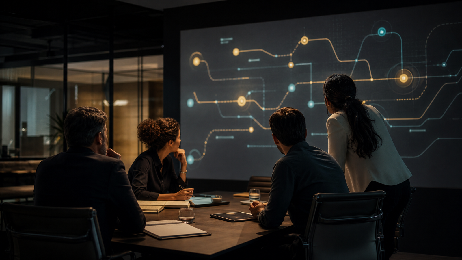 Equipe interdisciplinar analisando um fluxo de operação com apoio de sistemas de IA